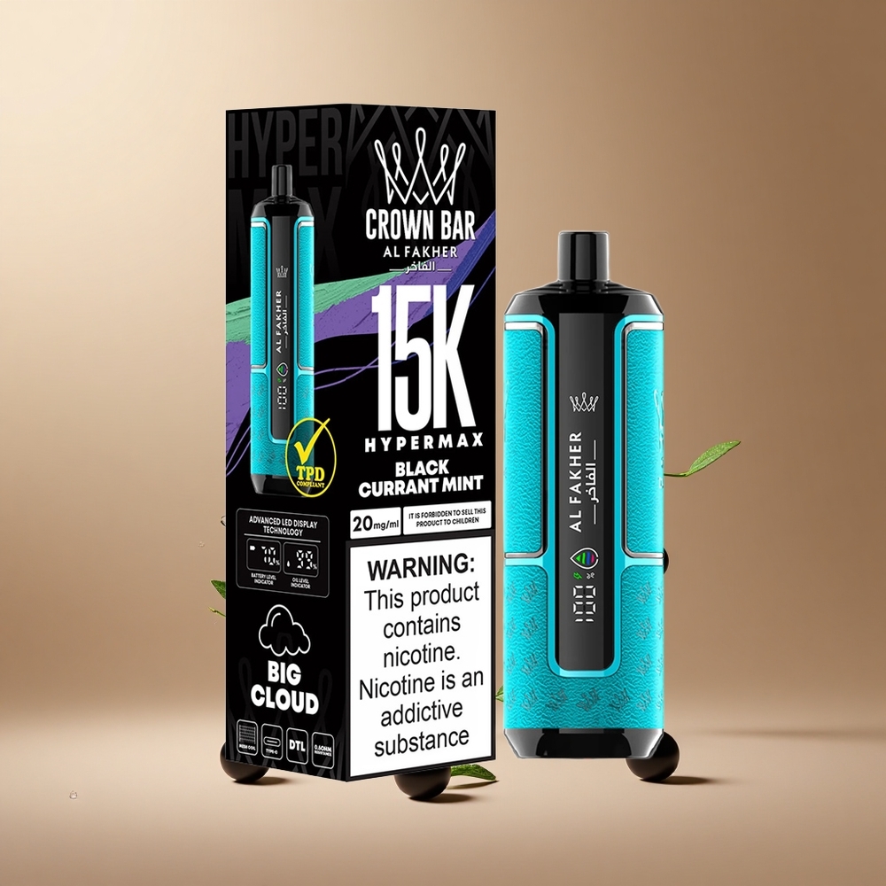Al Fakher Crown Bar 15K Hypermax Vape de unică folosință Kit Coacăz Menta Capacitate E-Lichid: 22ml Încărcare Port Type-C Romania wholesale
