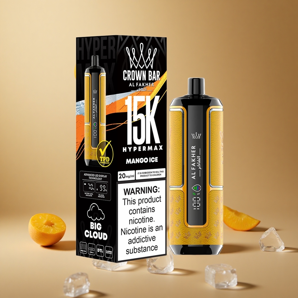 Al Fakher Crown Bar 15K Hypermax Vape de unică folosință Kit Mango Gheață cu 22ml Capacitate Lichid și 15000 Pufuri Romania wholesale