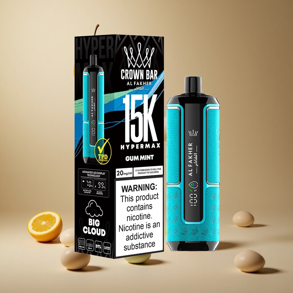 Al Fakher Crown Bar 15K Hypermax Vape de unică folosință Kit Mentă Gum cu 22ml Capacitate lichid și 15000 Pufuri Romania wholesale