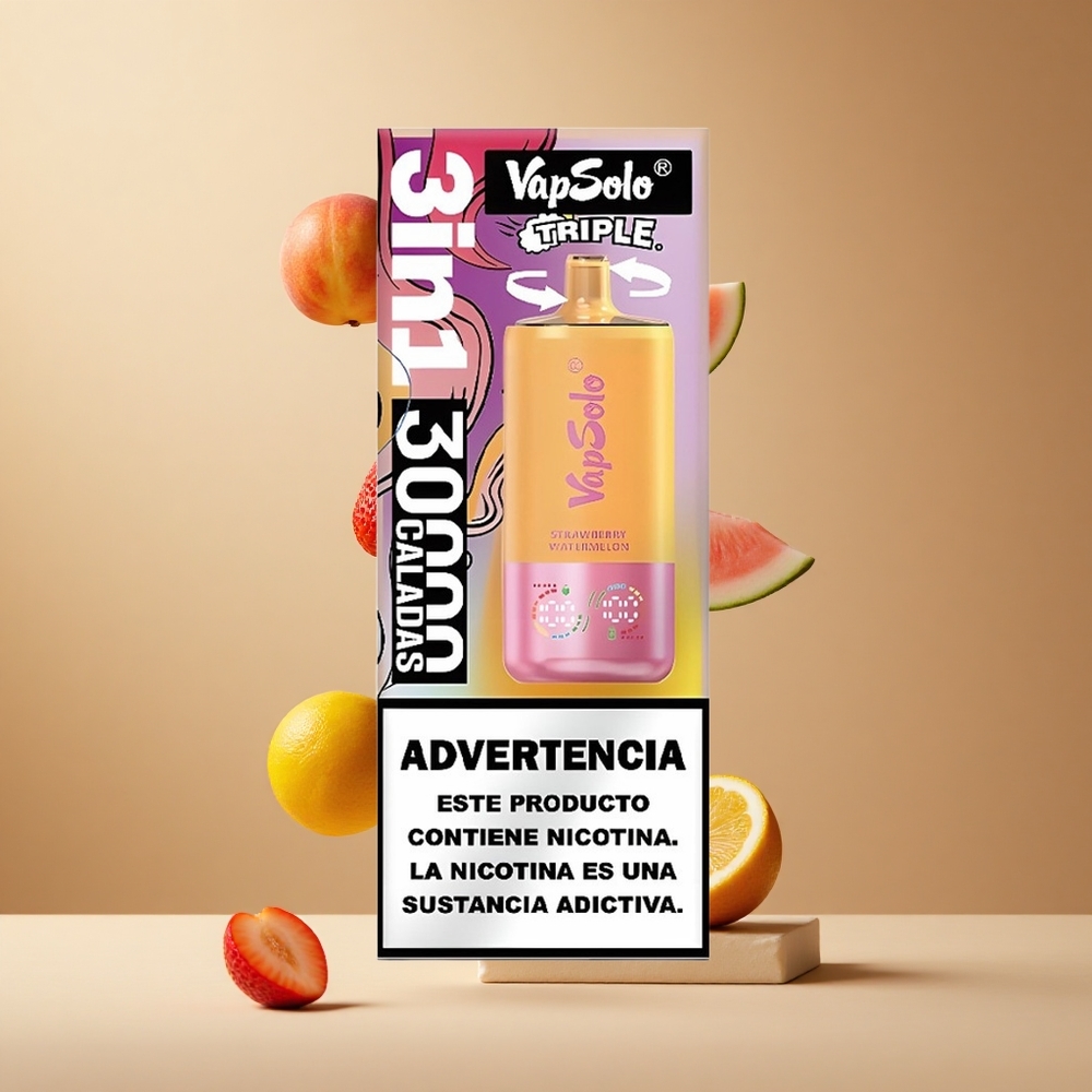 VapSolo Triple 30000 Pufuri Capsuni Pepene & L piersică 40ml lichid Nicotină 20 mg/ml & 50 mg/ml Romania wholesale